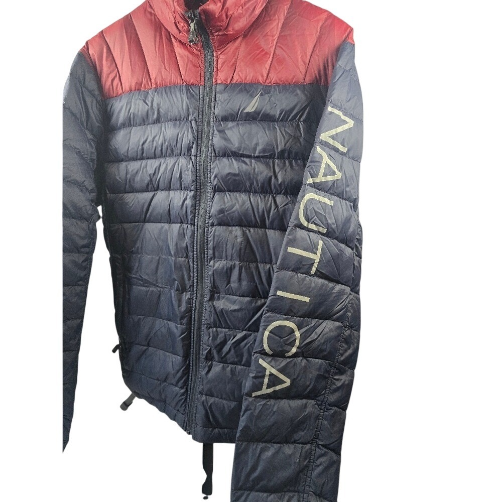 Nautica Men Puffer Jacket Navy Burgundy Colorblock Lightweight reversible - Picture 3 of 9